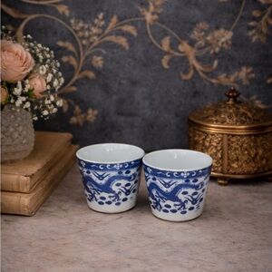 Pair Blue White Chinese Porcelain Dragon Tea Cups Unmarked